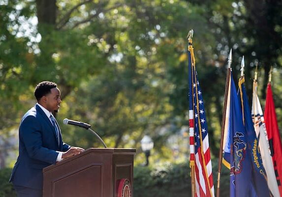 Former Student Government Association President Kenny Clark speaks at the 2021 dedication of the Charles West historical marker. Clark was the first Black President of W&J's SGA.