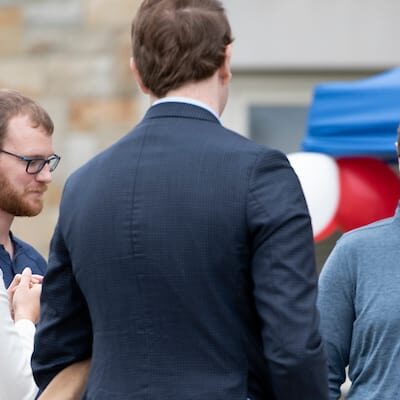 Alumni and professors connect at the Economics Alumni Open House outside of the Howard J. Burnett Center as part of W&amp;Jís Homecoming Weekend festivities October 9, 2021 on the campus of Washington &amp; Jefferson College in Washington, Pa.