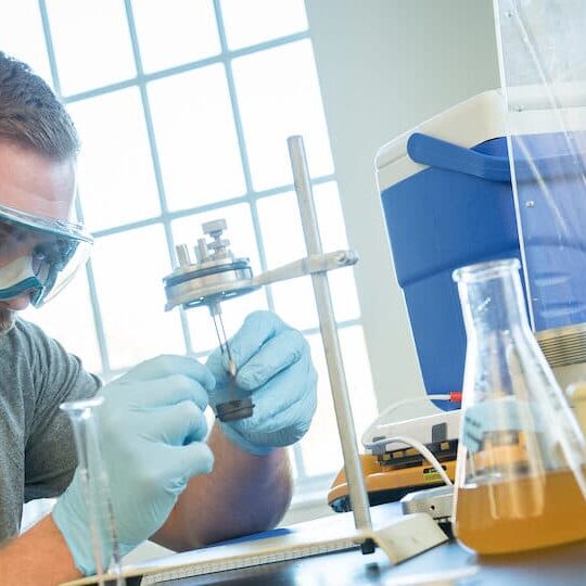 Students work in a chemistry lab in Swanson Science Center as seen October 21, 2019 during the Creosote Affects photo shoot at Washington &amp; Jefferson College.