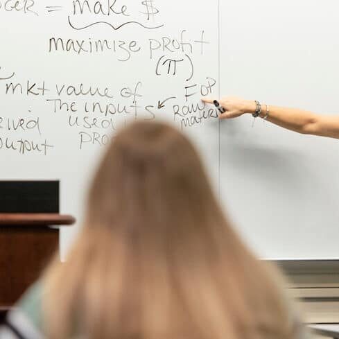 Tiffani Gottschall teaches Economics 101 to both remote and in-person students October 26, 2020 in the Howard J. Burnett Center on the campus of Washington &amp; Jefferson College.