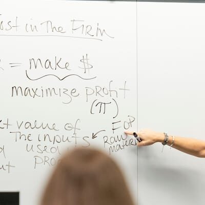 Tiffani Gottschall teaches Economics 101 to both remote and in-person students October 26, 2020 in the Howard J. Burnett Center on the campus of Washington &amp; Jefferson College.