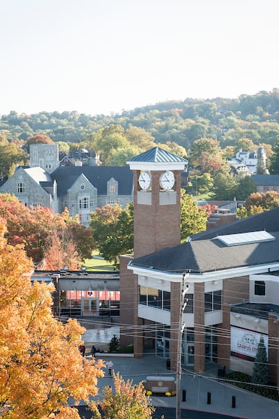 The clock tower at Rossin Campus Center as seen with the Technology Center in the background October 21, 2019 during the Creosote Affects photo shoot at Washington &amp; Jefferson College.